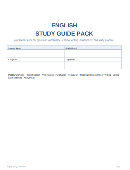 English Study Guide Printables